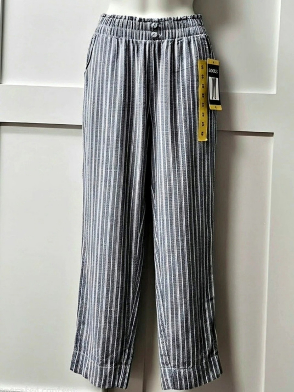 Briggs Women'Small Linen Blend Pull-On Pant Striped Wide Leg Pants Gray & White
